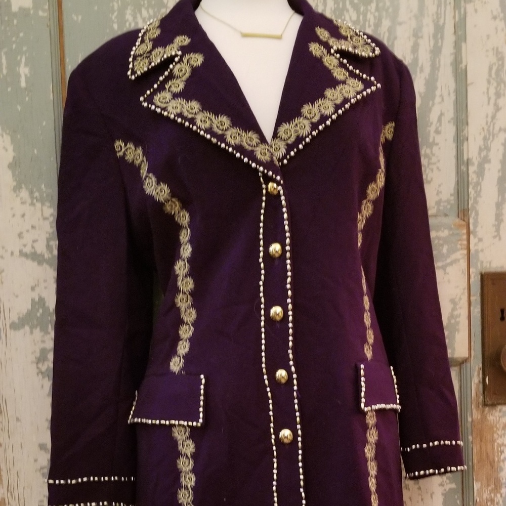 Purple wool blazer gold embroidered detail